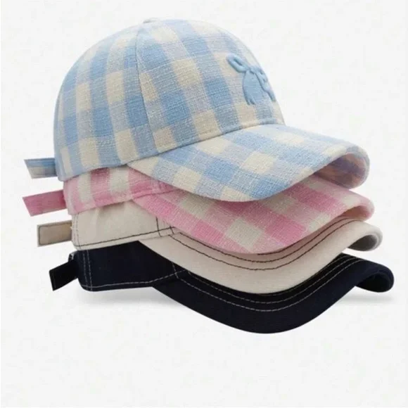 Adjustable Checkered Light Pink + White Embroidered Bowknot Baseball Cap OS New - Picture 8 of 11